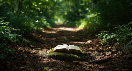 Open scripture book on a sun-dappled path through the woods