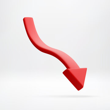 3D Red wavy arrow pointing down. Concept of falling stock, bad statistics, loss, or decline. 3d illustration for business presentation or financial report. Vector illustration