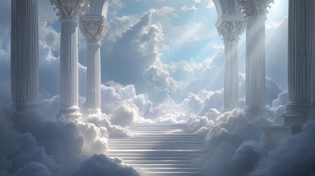 Celestial Stairway: A heavenly scene featuring towering pillars and fluffy clouds, evoking a sense of serenity and wonder