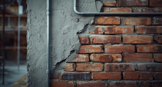 Brick wall partially plastered with electrical conduit exposed in construction area
