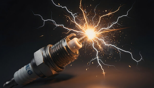 Electric Spark: A Dramatic Display of Ignition and Power for Commercial Use in Automotive, Industrial, and Energy Related Projects on a Dark Background