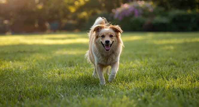 Smiling pet dog bounding joyfully through fresh green grass lawn full length summer scene
