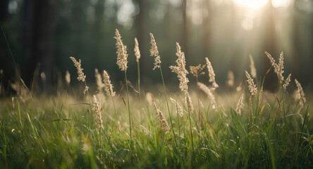 Harmonious forest locale presenting fine grasses and diffused sunlight with a gentle blurred background