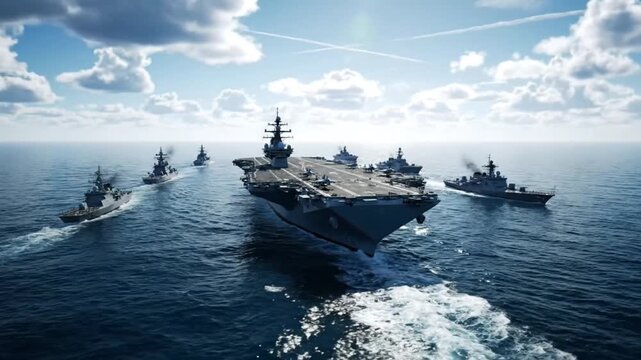 Naval formation of an aircraft carrier surrounded by accompanying warships sailing on a bright day under a beautiful sky