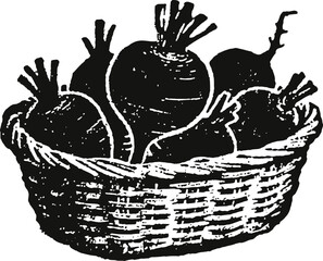 Fototapeta premium Basket with fresh beets roots illustration hand drawn vegetables in a woven basket for healthy food design