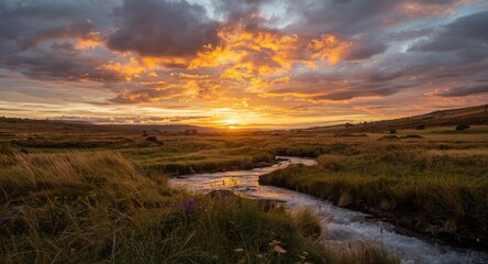 Dawn's golden rays enhancing a scenic vista of colorful cloud formations, meadows, and flowing water