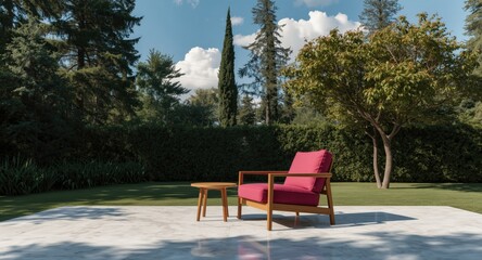 Obraz premium Outdoor white seating area featuring stylish magenta club chair with wooden frame and armrests