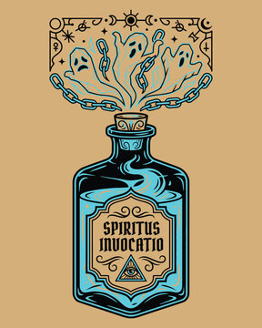 Spiritus Invocatio Potion Bottle Vector Illustration with Chained Ghosts