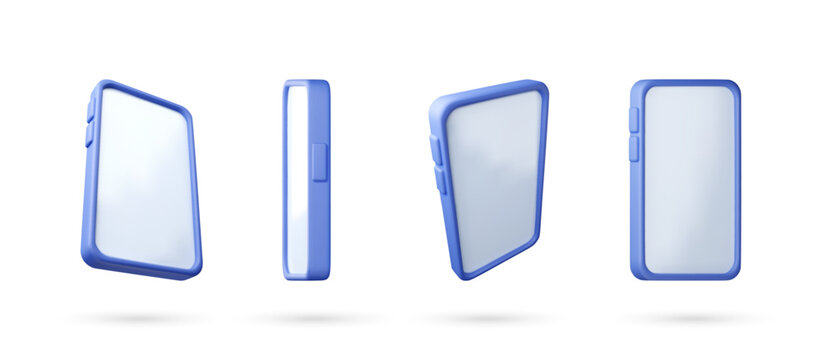 3D Set of four mockups of a smartphone in different angles. A blank screen for easy customization. Mobile device for technology concept. Vector illustration
