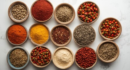 Assortment of pepper spices in bowls overhead with blank copy space