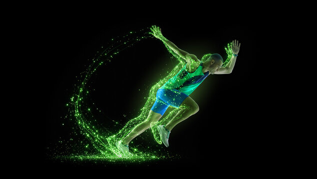 Explosive artwork. Sprinter launching forward with neon green digital energy trail. Concept of athletics event promo, sportswear branding, speed training programs and performance technology ads.