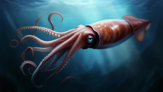 A realistic digital artwork of a giant squid swimming in deep, azure ocean. Details include tentacles and body