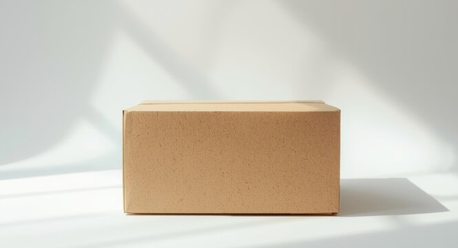 Sustainable kraft brown box made of recycled paper on plain white backdrop
