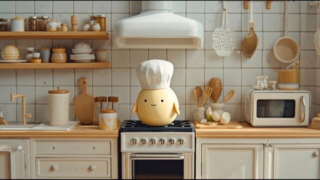 A smiling kitchen appliance with a chef's hat sits on a stove in a modern kitchen with white cabinets and a tiled backsplash.