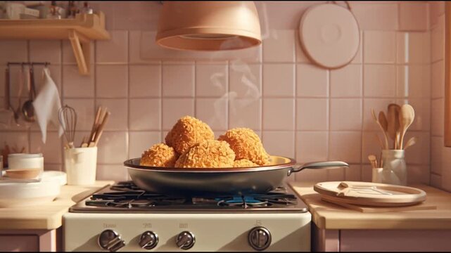 A pan of fried chicken cooking on a gas stove in a kitchen with pink tiles and warm lighting.
