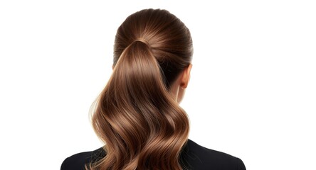 Obraz premium Smooth shiny brown wavy hair styled into ponytail captured from rear on white setting