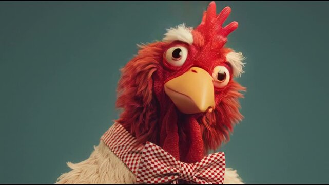 Close-up portrait of a whimsical chicken wearing a red and white checkered bow tie against a muted green background with a playful mood.