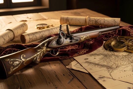 Portuguese Arquebus Firearm from 1511 Era on Historical Table Setting