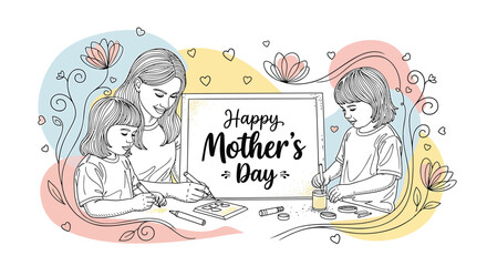 Obraz premium Vector illustration of a mother and her two children celebrating Mother's Day with colorful floral designs and a greeting card