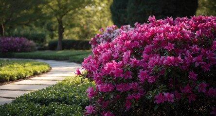 Richly blossoming azalea shrubs in a tranquil garden