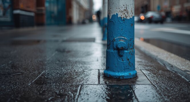 Selective focus on a blue standpipe with aged paint and shiny wet pavement in urban setting