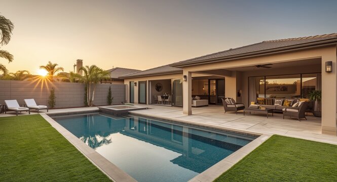 Modern home outdoor renovation featuring a pool synthetic turf and shaded seating area