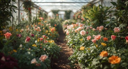 Healthy flourishing greenhouse with a spectrum of flowering plants displaying effective nursery management for plant lovers