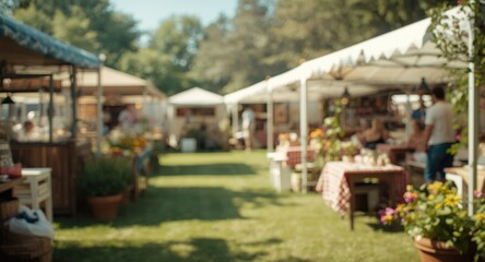 Obraz premium Sunny summer garden hosting weekend food and beverage market with soft leisure themed background blur