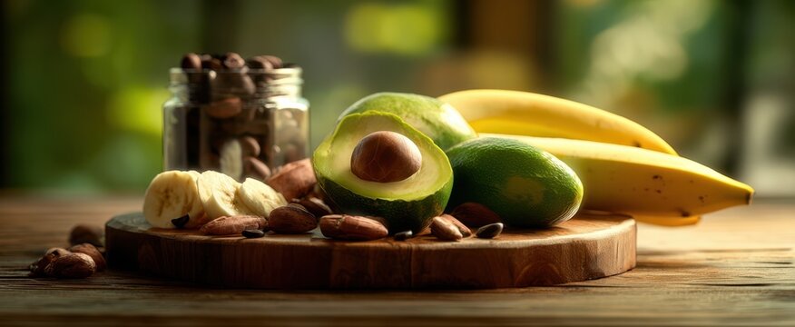 The Avocado Centerpiece with Bananas, Coffee Beans and Rustic Wooden Cutting Board