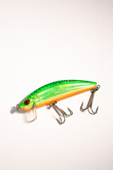 Fishing accessories bobbers, hooks, tackles, baits isolated on white background. Image for shop for fisherman. Close up © Krievietka