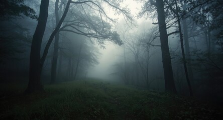 Obraz premium Tranquil early foggy morning within a dense natural woodland
