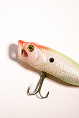 Fishing accessories bobbers, hooks, tackles, baits isolated on white background. Image for shop for fisherman. Close up © Krievietka