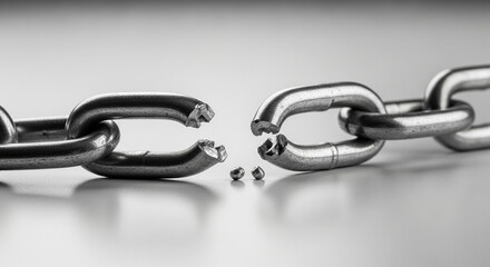 Fototapeta premium Broken metal chain links with fragments on reflective surface 