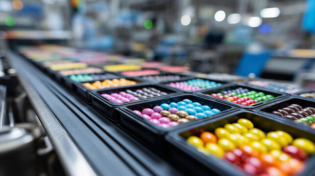 Colorful candy chocolate coated sweets on automated conveyor belt in modern confectionery food production factory