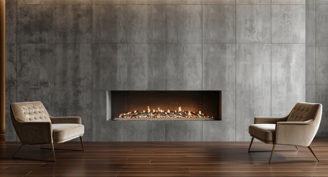 Contemporary luxury living room lounge with beige chairs and textured gray microcement fireplace wall