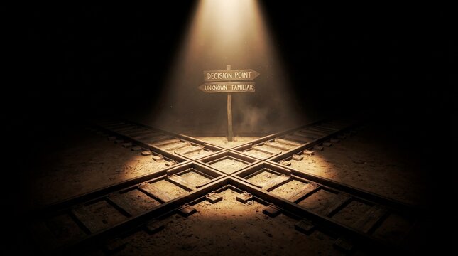 A spotlight shines down on train tracks in a dark room