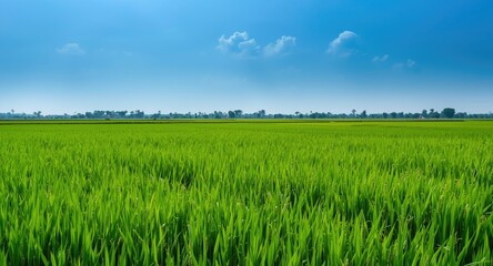 Flourishing rice farmland under a calm blue sky