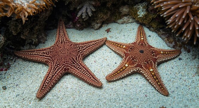 Marine environment capturing a six limbed sea star alongside a five limbed star