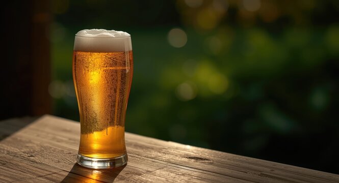 Tall glass of golden beer illuminated by daylight resting on textured surface with room for text and greenery outside