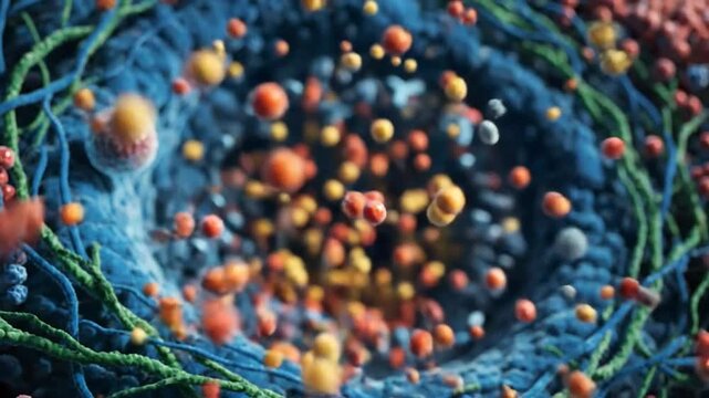 Visual depiction of a cell nucleus exploding showing cellular structures, medical animation, biological concept