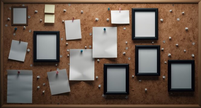Idea of exploration depicted by blank pinned papers and empty photo on cork board