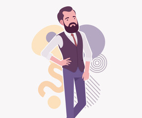 Modern business leader, smart businessman stand pose. Elegant high quality attire, tech savvy professional planning market trend, vector flat style cartoon illustration abstract creative background