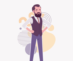 Modern business leader, smart businessman stand pose. Elegant high quality attire, tech savvy professional planning market trend, vector flat style cartoon illustration abstract creative background