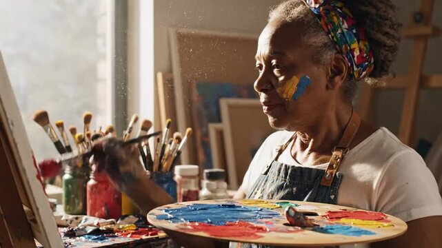 Joyful senior Black woman painting art on canvas in studio