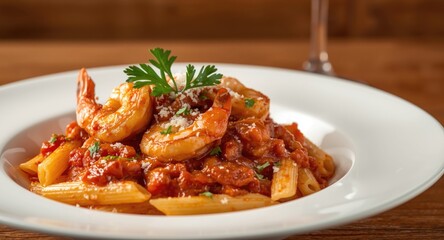 Fototapeta premium Delicious shrimp simmered in rich tomato sauce served with penne pasta