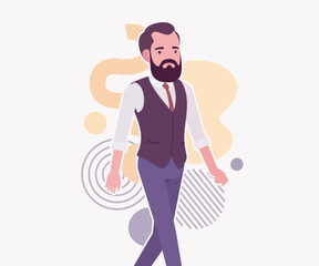 Modern business leader, smart businessman walk pose. Elegant high quality attire, tech savvy professional planning market trend, vector flat style cartoon illustration abstract creative background