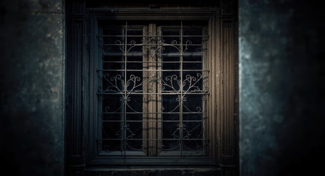 A weathered window featuring a transom and metal grille overlay