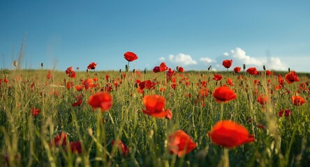 Scenic growth of red poppy plants across a vast meadow
