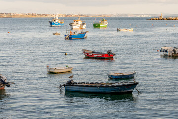 Fishing boats anchored in Cascais harbor afternoon light