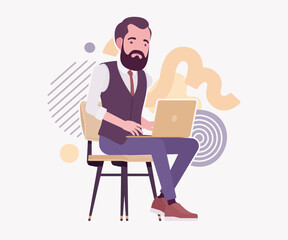 Modern business leader, smart businessman laptop work. Elegant high quality attire, tech savvy professional planning market trend, vector flat style cartoon illustration abstract creative background